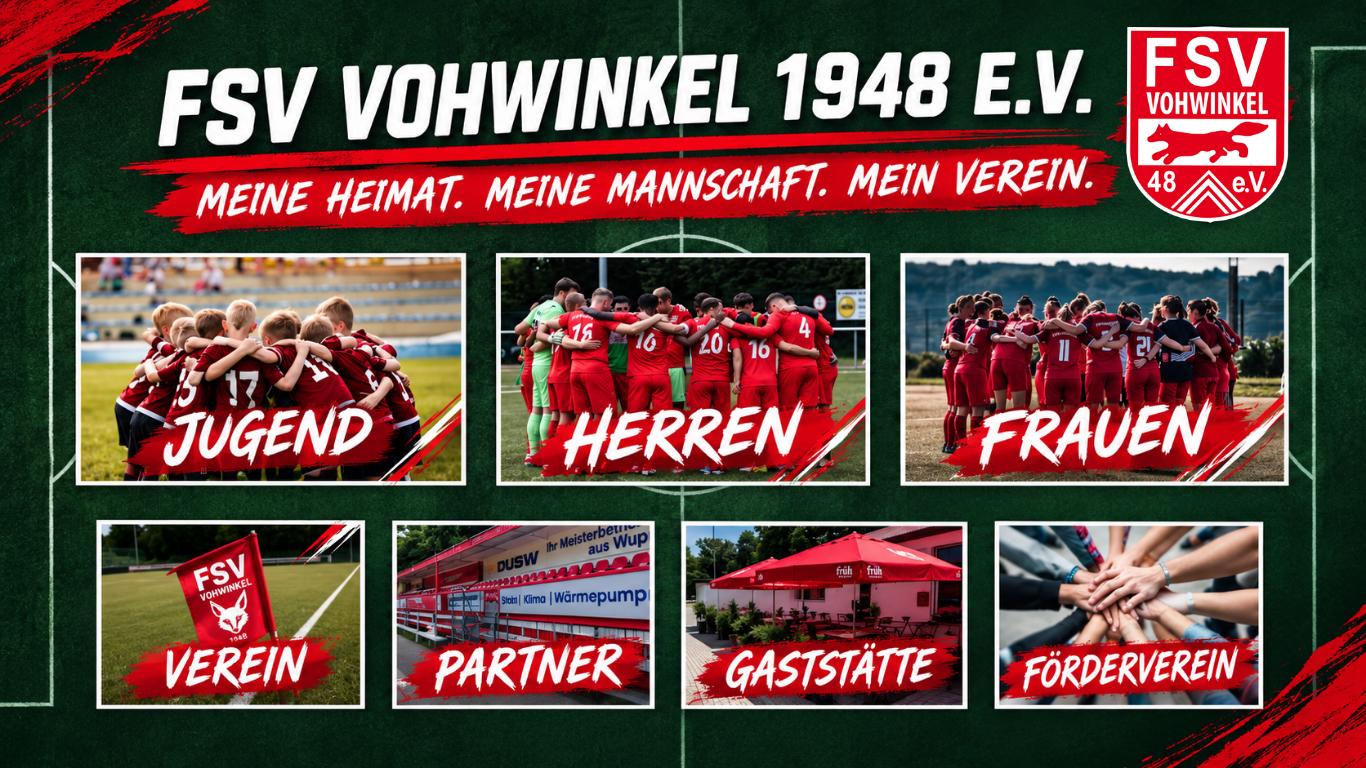 Header des FSV Vohwinkel inkl. Motto
Meine Heimat. Meine Mannschaft. Mein Verein. sowie den Bereichen Jugend, Senioren, Verein, Gaststätte, Förderverein und Frauen